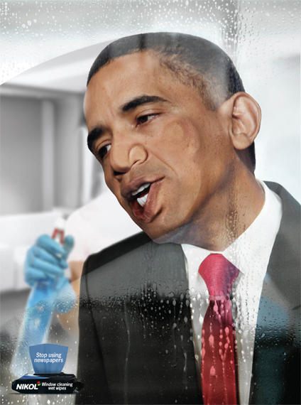 печатная реклама влажных салфеток Nikol для мытья стекол - Обама - рекламное агентство Gitam BBDO